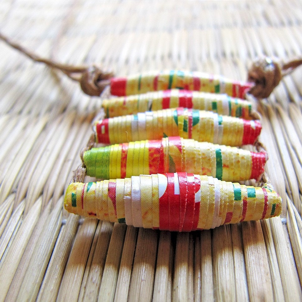 Paper jewelry - Spring necklace - 1st wedding anniversary gift - Recycled paper bead - Funky jewelry - Funky, Yellow , Red, green, Spring