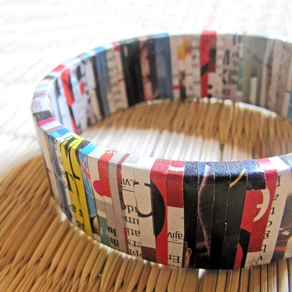 Recycled newspaper bracelet - Recycled jewelry - First anniversary gift - Eco friendly jewelry - Eco friendly, Colorful, Black, White, Red