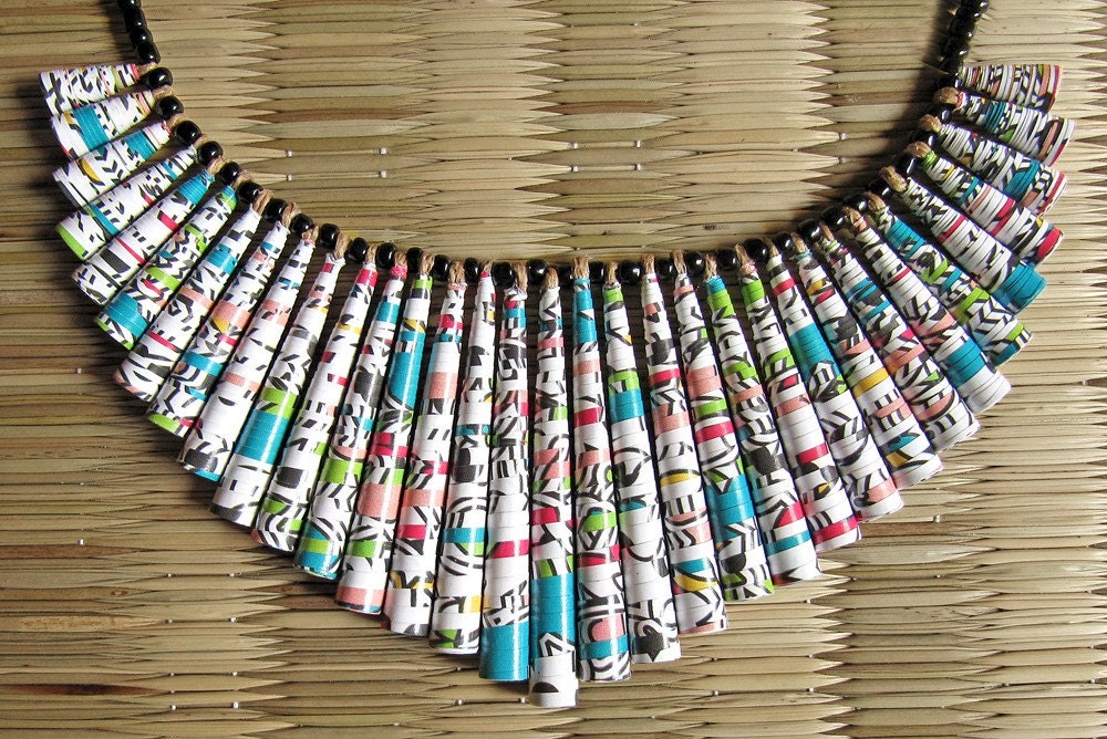 Japanese Calligraphy Necklace - Paper jewelry - Big chunky Necklace - Funky necklace - Paper, big, chunky, funky, White, Black, Blue, Pink