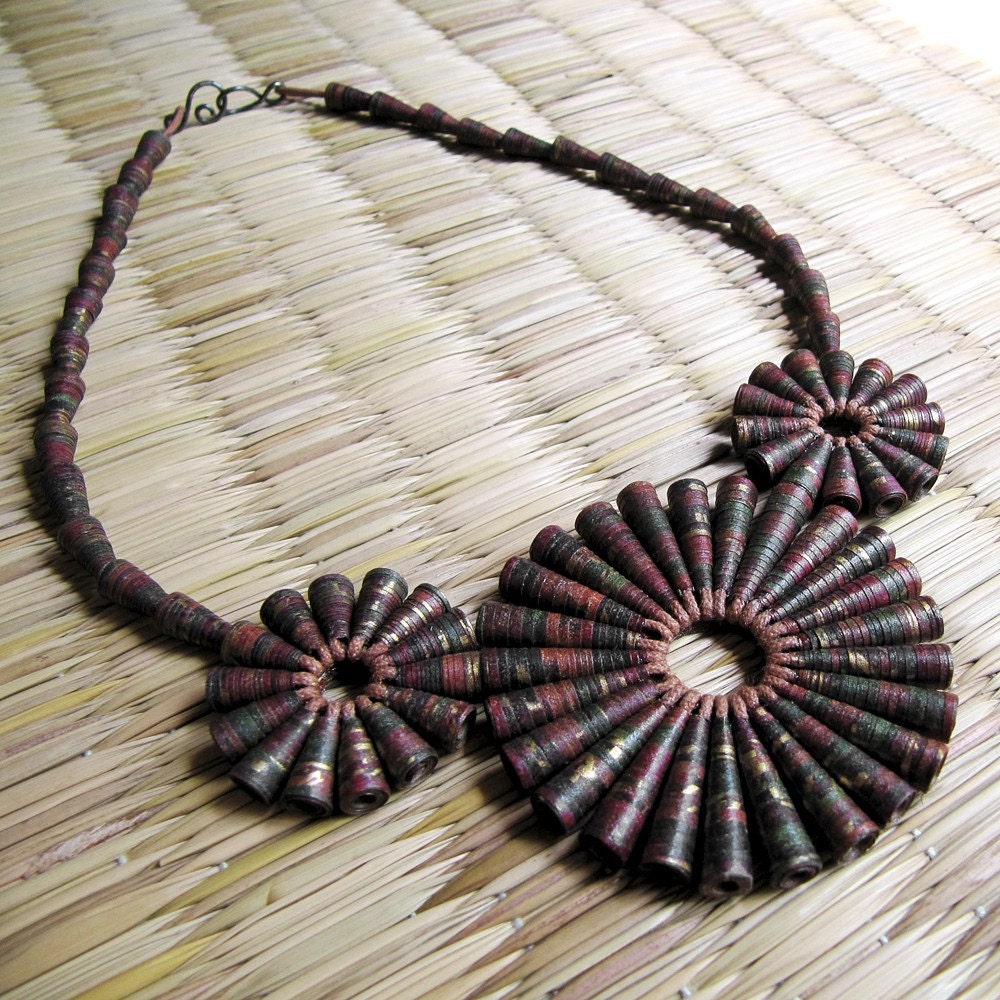 Rustic Treasure - Paper jewelry - Craft Paper Bead Necklace - First Wedding anniversary jewelry - Earthy, Dark Brown, Mocha, Antique Gold
