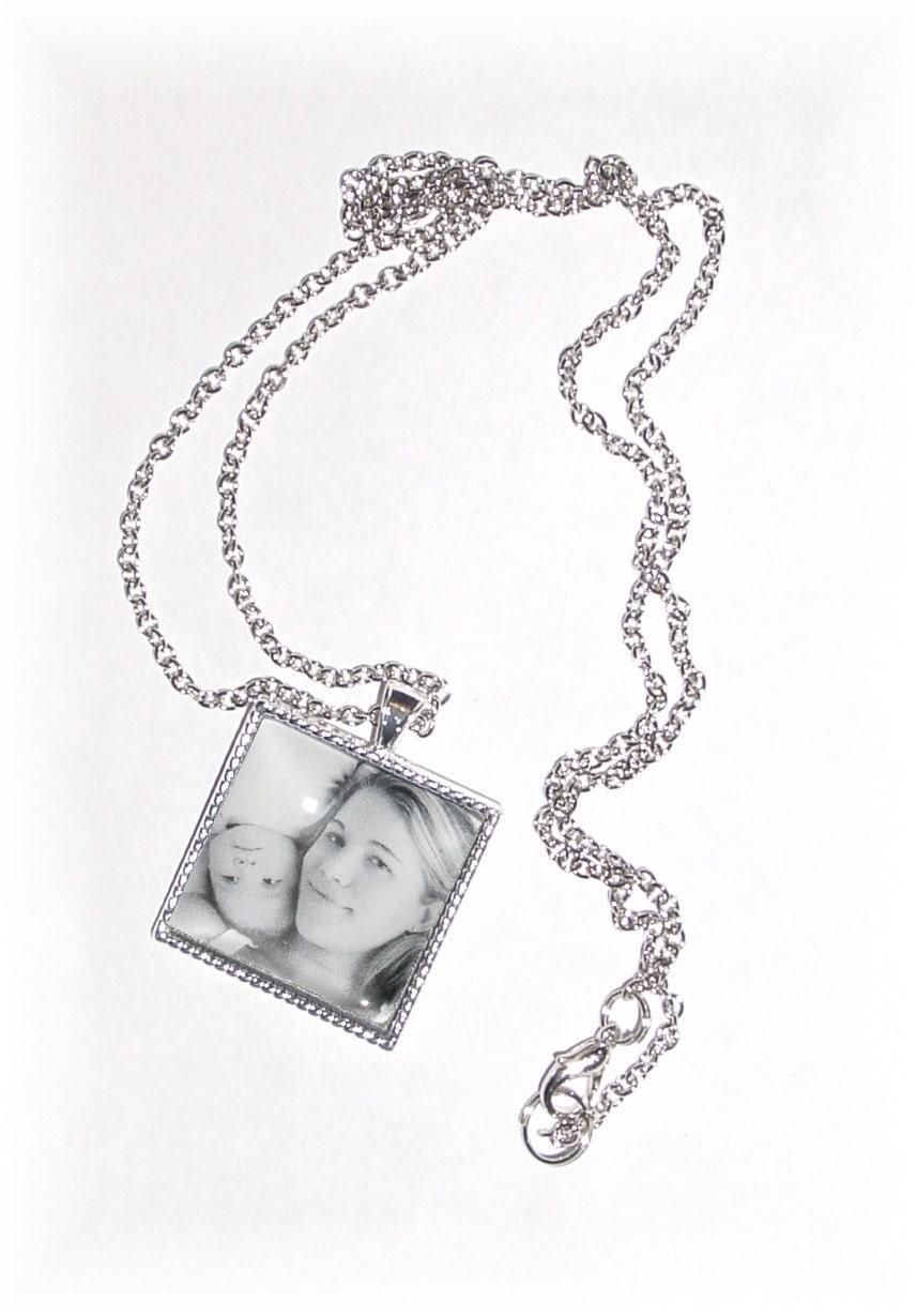 Antique Silver Square Memorial Pendant Necklace with Photo of Your Choice -  FREE SHIPPING