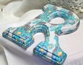 Decorated Wood Letter R Decoupaged with print of Blue Daisies on Black and White Cow Print background