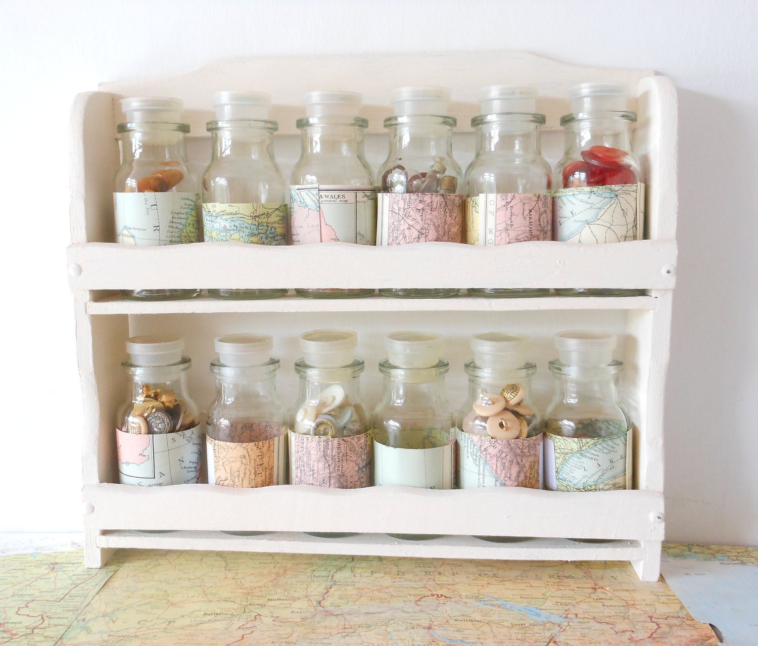 Mini Bottle Storage Rack Home Map covered Cream Shabby Chic Buttons Spices