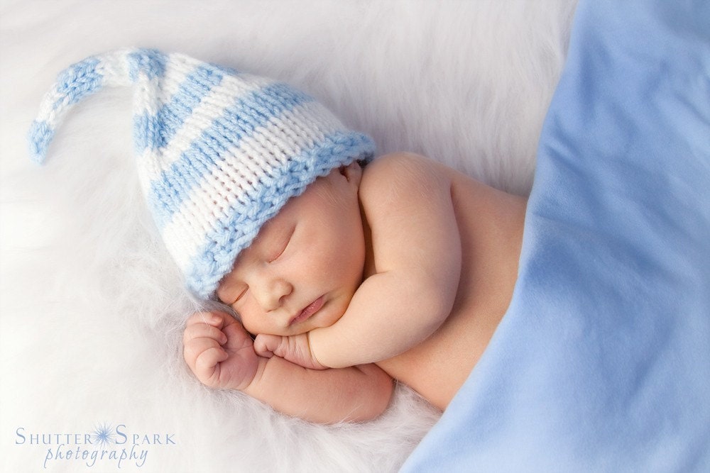 Newborn Baby Elf Hat - Short Tail- Knit -Boy Hat - Photography Prop - Blue and White Striped or Choose the Colors