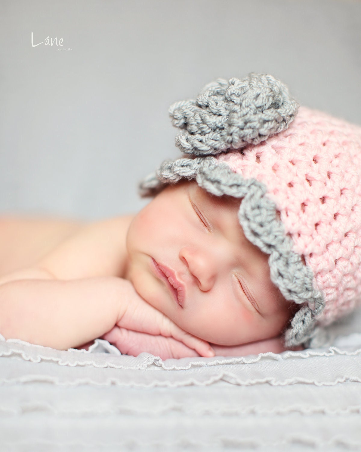 Newborn Baby Hat with Scalloped Edging and Rosette-Pastel Pink and Light Grey own or choose your own Colors - Photography Prop