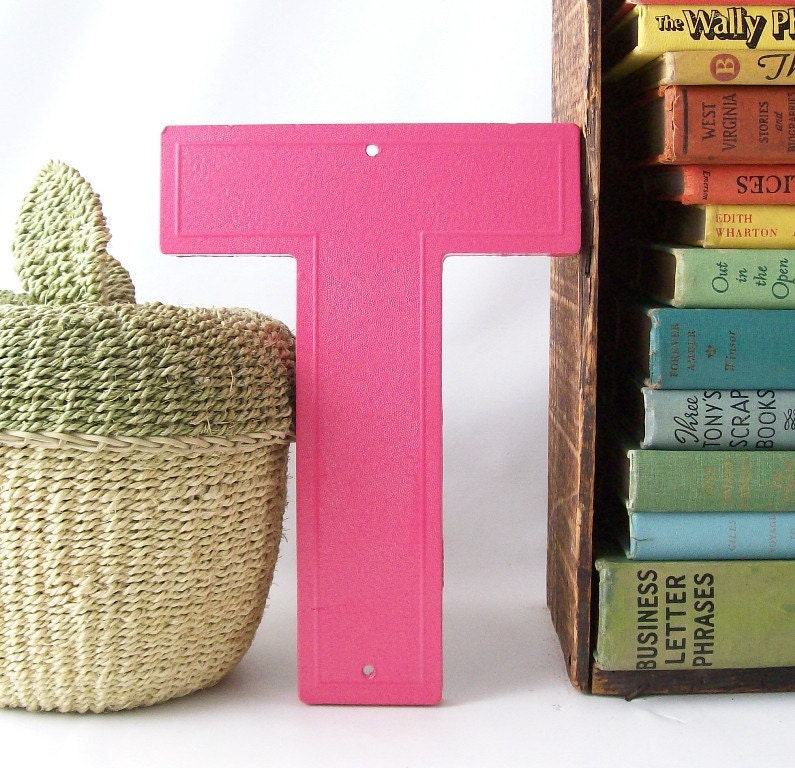 pink letter T industrial marquee sign vintage salvaged upcycled retro modern wall hanging home decor initial personalized hanging sign