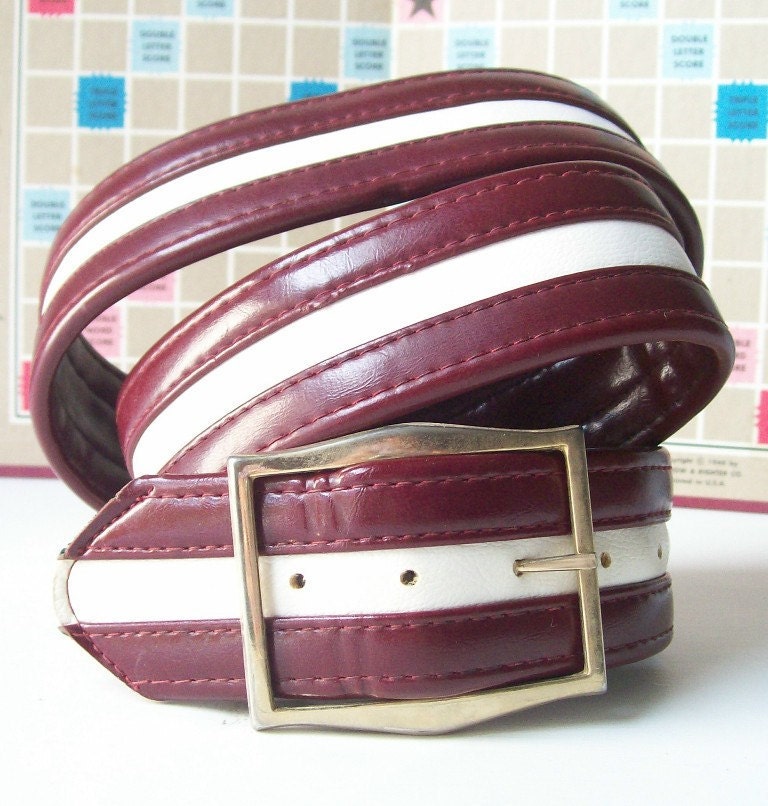 vintage mens belt size large 38" lg xl retro fashion style maroon vinyl white striped casual wear dress clothes clothing accessory