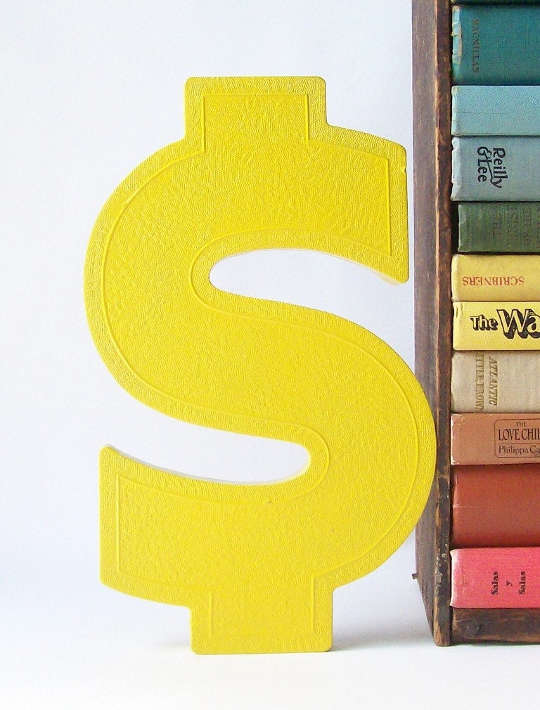 salvaged upcycled vintage marquee sign letter S symbol business signage industrial modern wall hanging home decor yellow money cash dollar