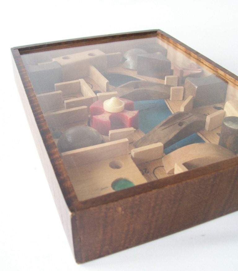 vintage labyrinth maze skill challenge smart toy brain game test educational object art conversation piece home decor wood box