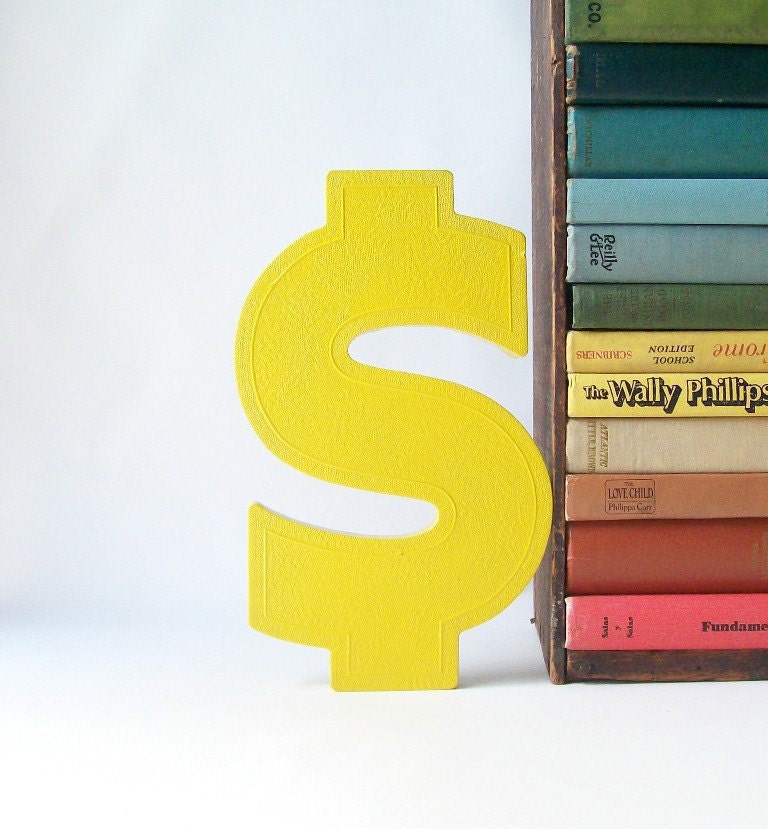 salvaged upcycled vintage marquee sign letter S symbol business signage industrial modern wall hanging home decor yellow money cash dollar