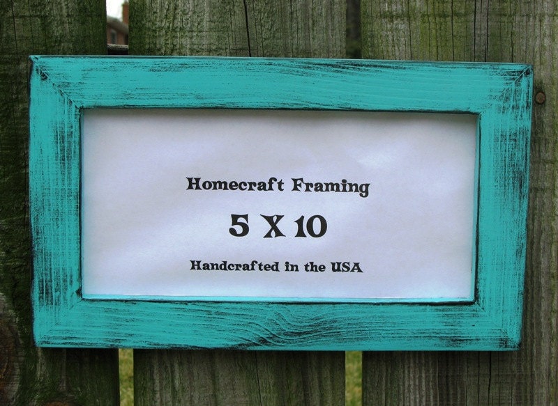 5X10 Picture Frame Distressed Turquoise BlackFrame Country Primitive Wooden