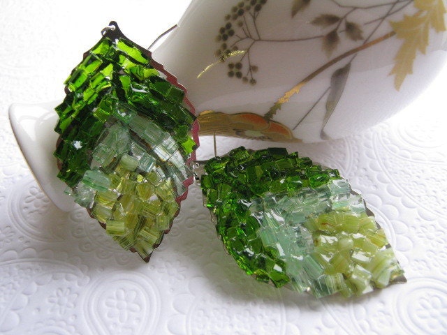 Stained Glass Green Leaf Earrings