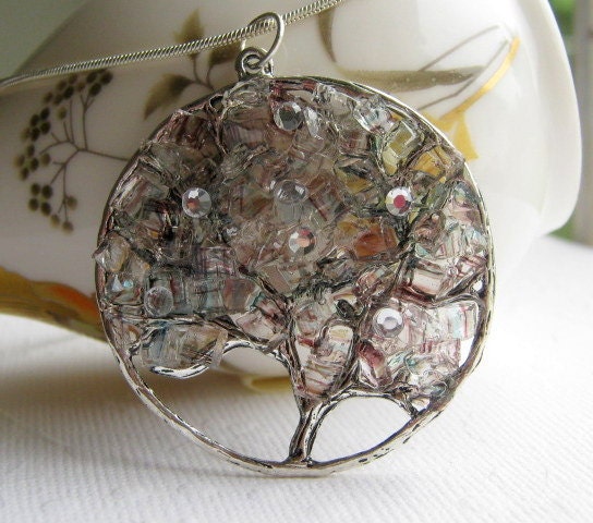 Crystal Tree Necklace, Glass Tree Pendant, Crystal Tree Pendant, Glass Tree Necklace, Nighttime Necklace