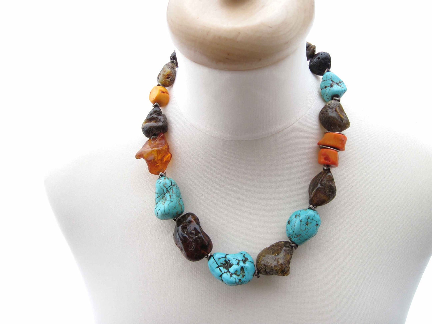 Raw Stone Necklace Baltic Amber Howlite Coral Teal Orange Brown Blue Earthy Colors OOAK Rough Gemstone Jewelry