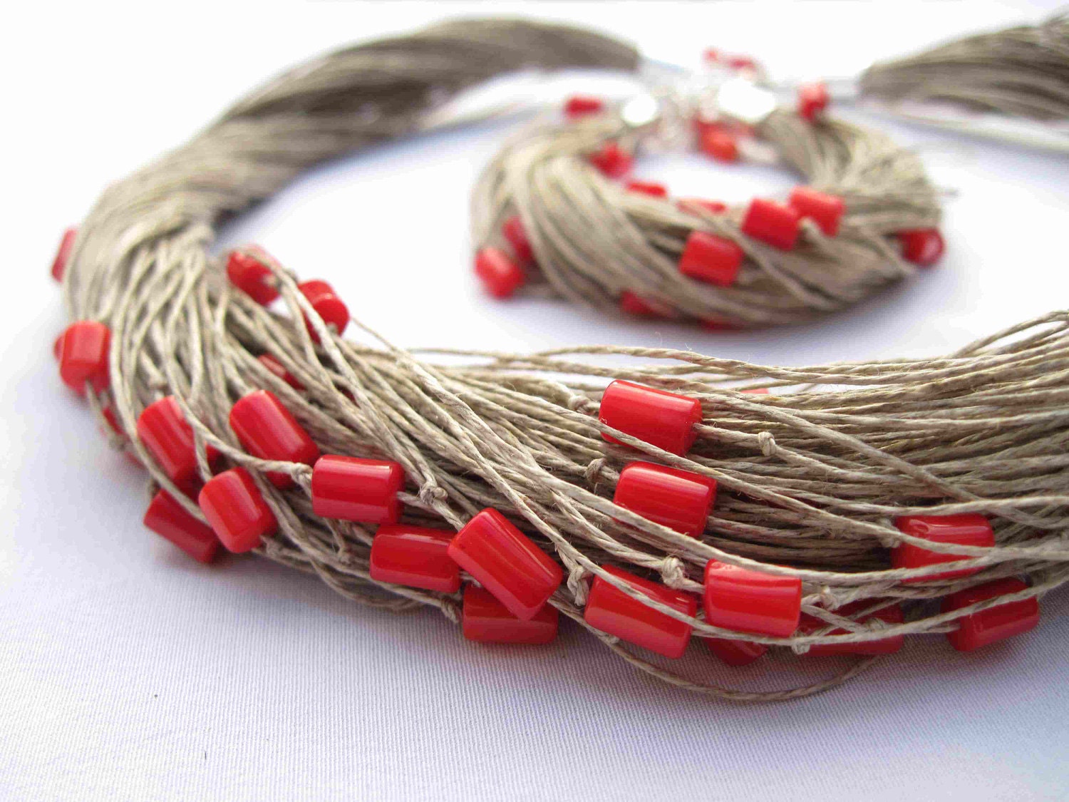 Red Coral Linen Necklace Bracelet Linen Jewelry Multi Strand Natural Fiber Summer Fashion