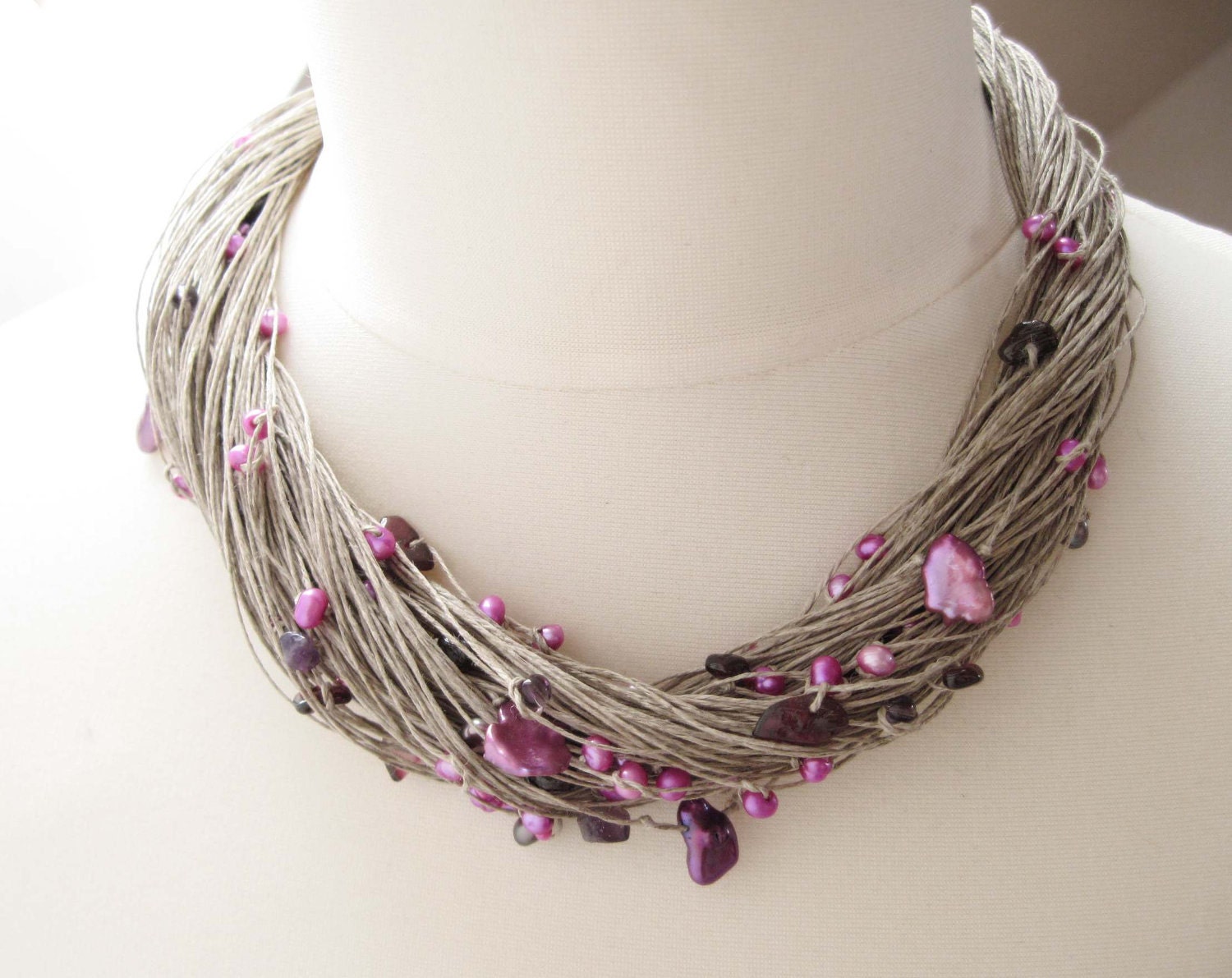 Natural Purple Pearls Necklace Garnet Amethyst Linen Multistrand Necklace Bracelet Set Midsummer Night's Dream