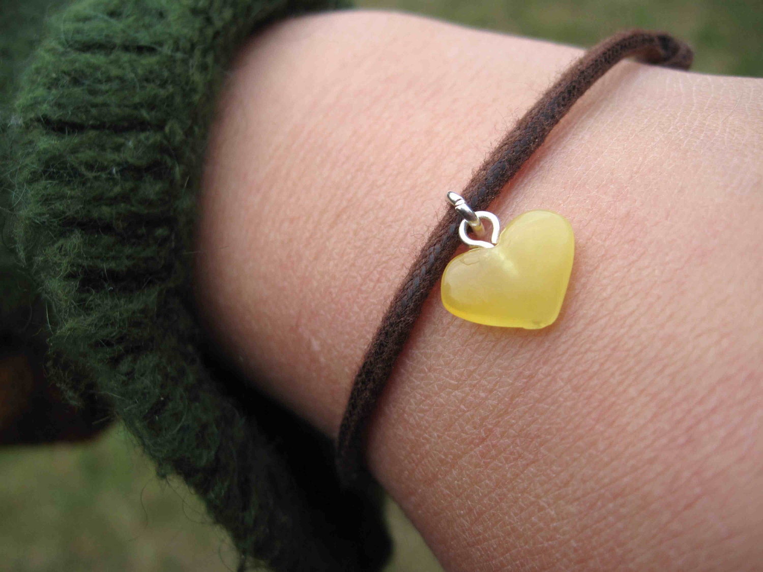 Tiny Baltic Amber Heart Charm Bracelet Hand Sculpted White Milky Adjustable Brown Cord Minimalist Summer Fashion Jewelry