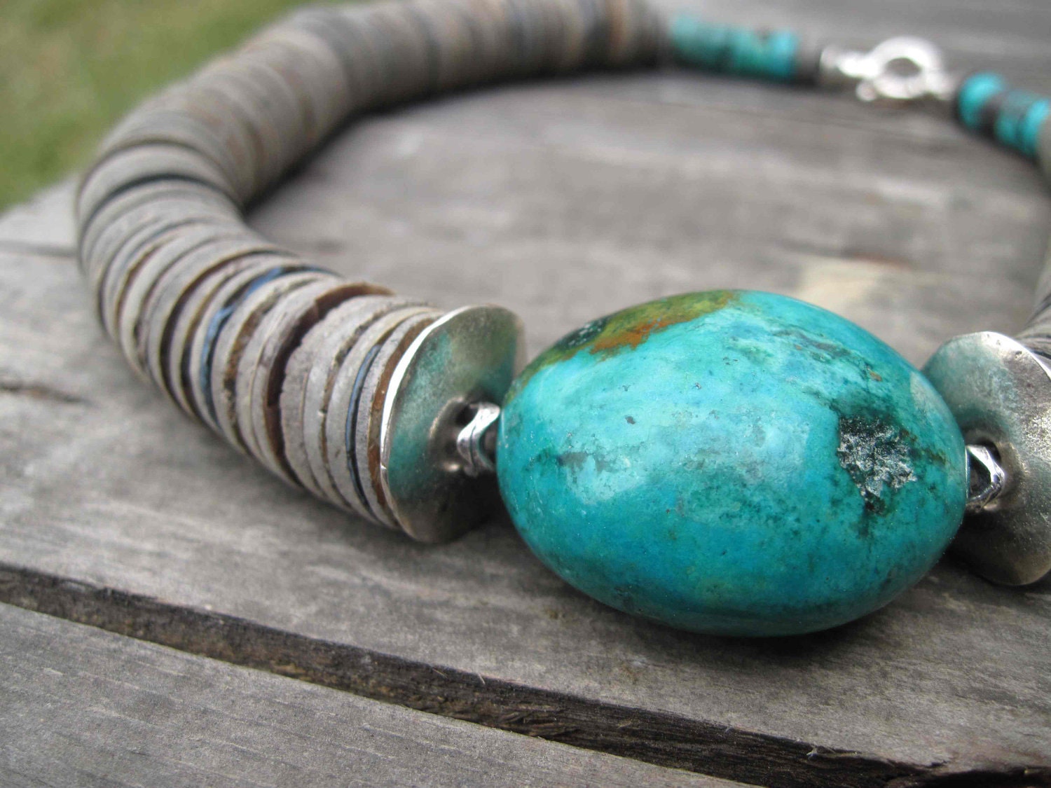 Huge Turquoise Necklace Asymmetrical Statement Teal Shell Geometric Chunky Natural Gray Blue Minimalist Summer Fashion Jewelry Silver