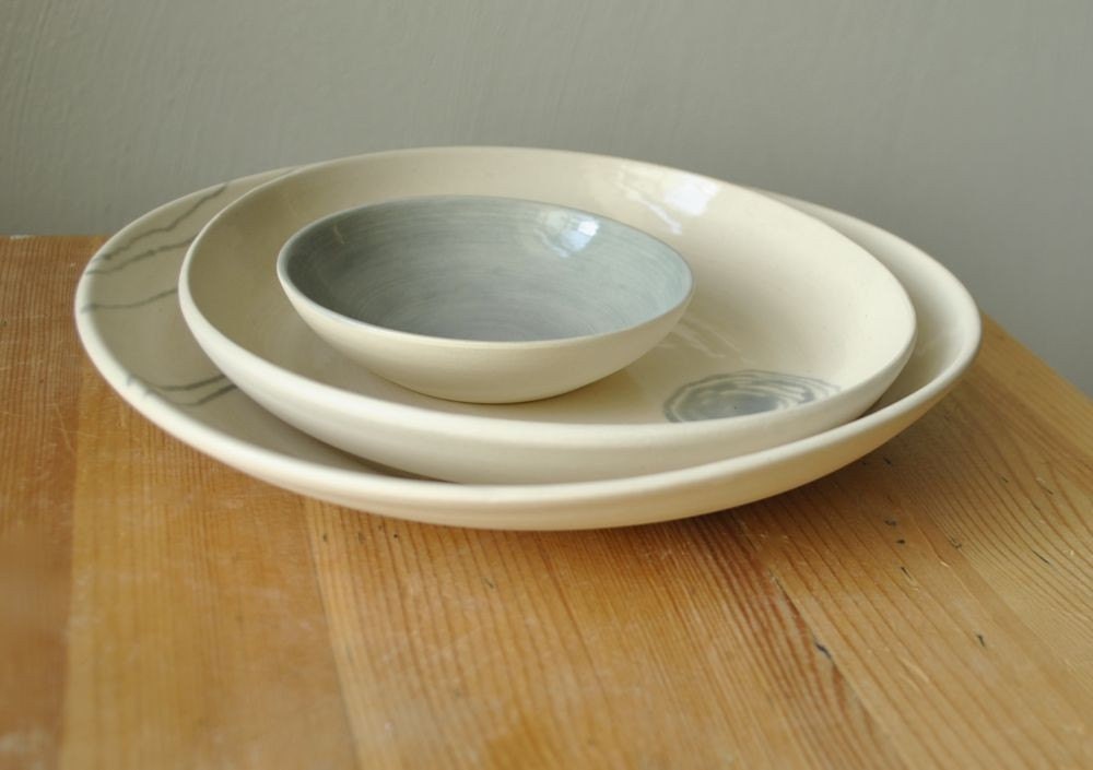 Zen Scribble Modern Porcelain Platter Set in Cream and Gray