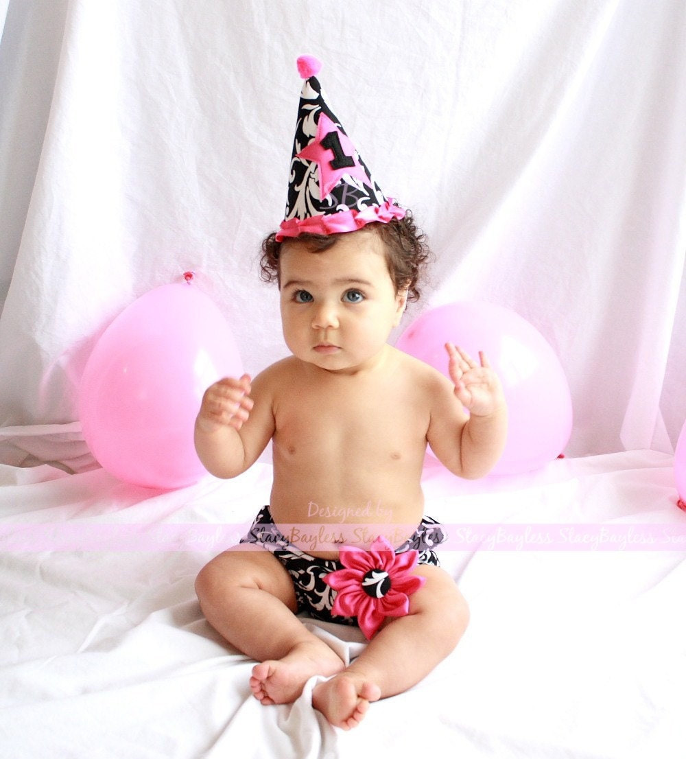3 PIECE SET - Party Hat Diaper Cover Headband in Black and White Floral Scrolls for Cake Smash - an ORIGINAL design by StacyBayless