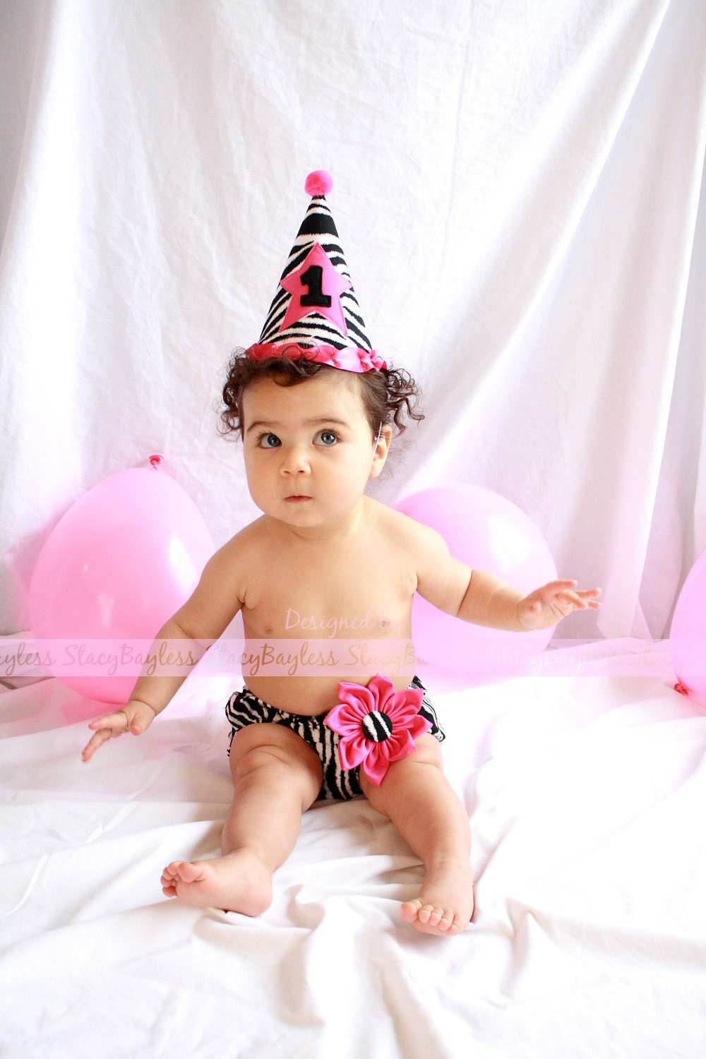 Party Hat AND Diaper Cover in ZEBRA for Cake Smash or First Birthday - Baby - Girl