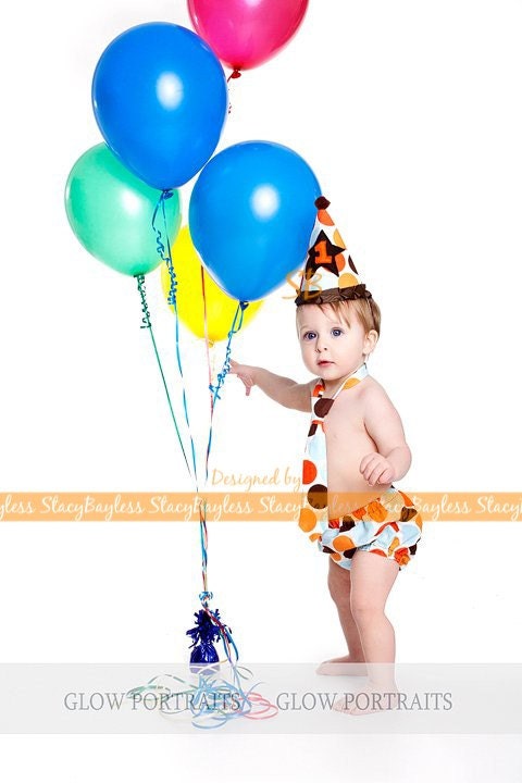 3 PIECE SET in Jumbo Orange Dot OR Choose Custom Colors for Party Hat-Diaper Cover-Necktie for Cake Smash or First Birthday
