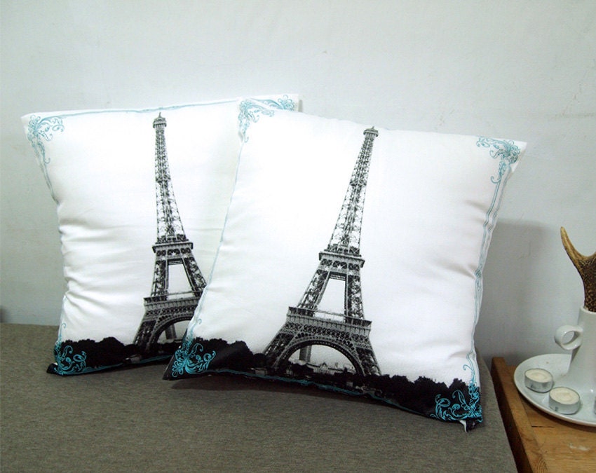 Set of two-Eiffel Tower With Lace Pillow Cover-black and green-16"(40cm)