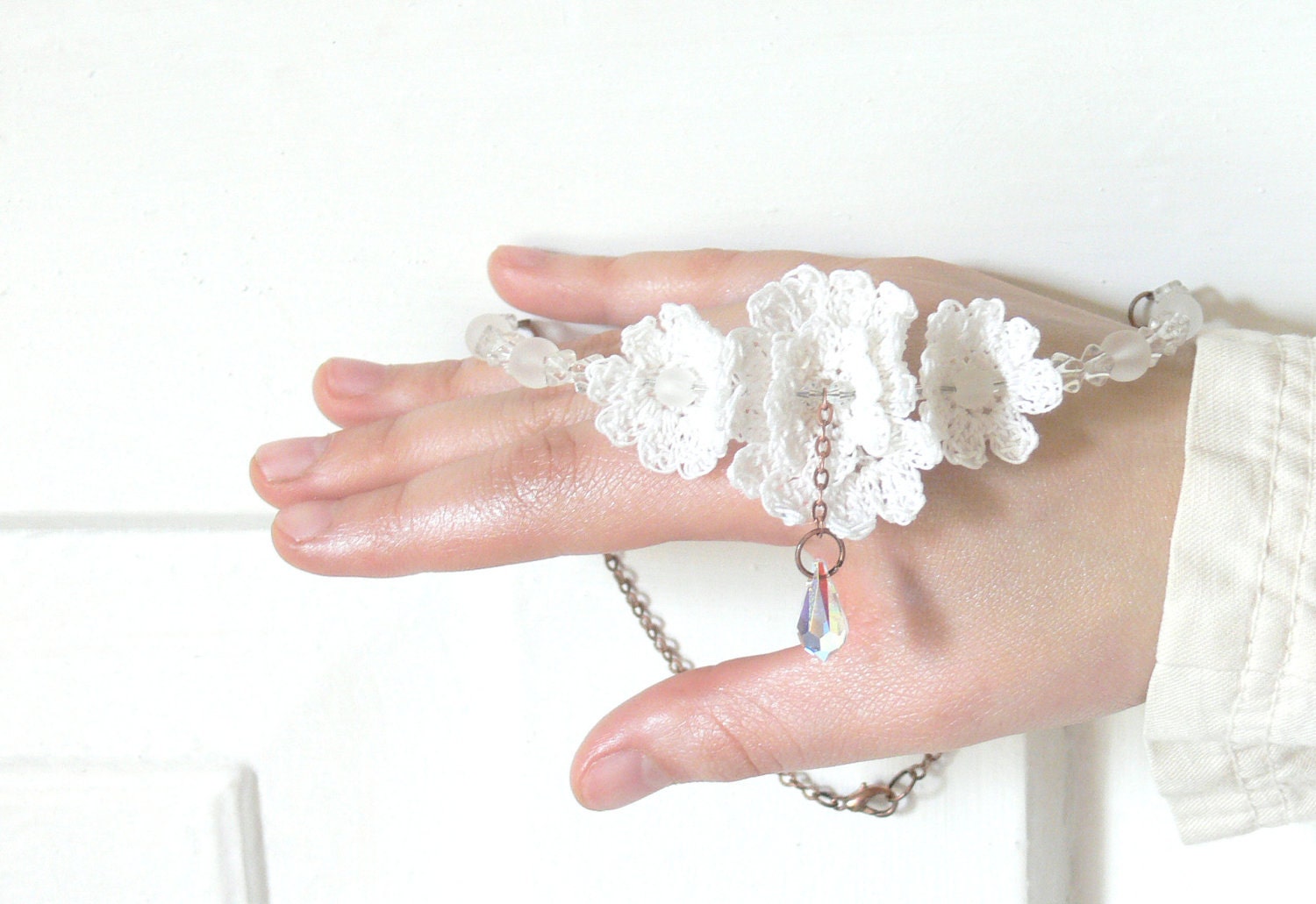Crochet Boho Chic Necklace, Earrings Set, White Flower, Large Crystal, Beach Wedding Jewelry, Bridal Jewelry, Special Occasion Jewelry