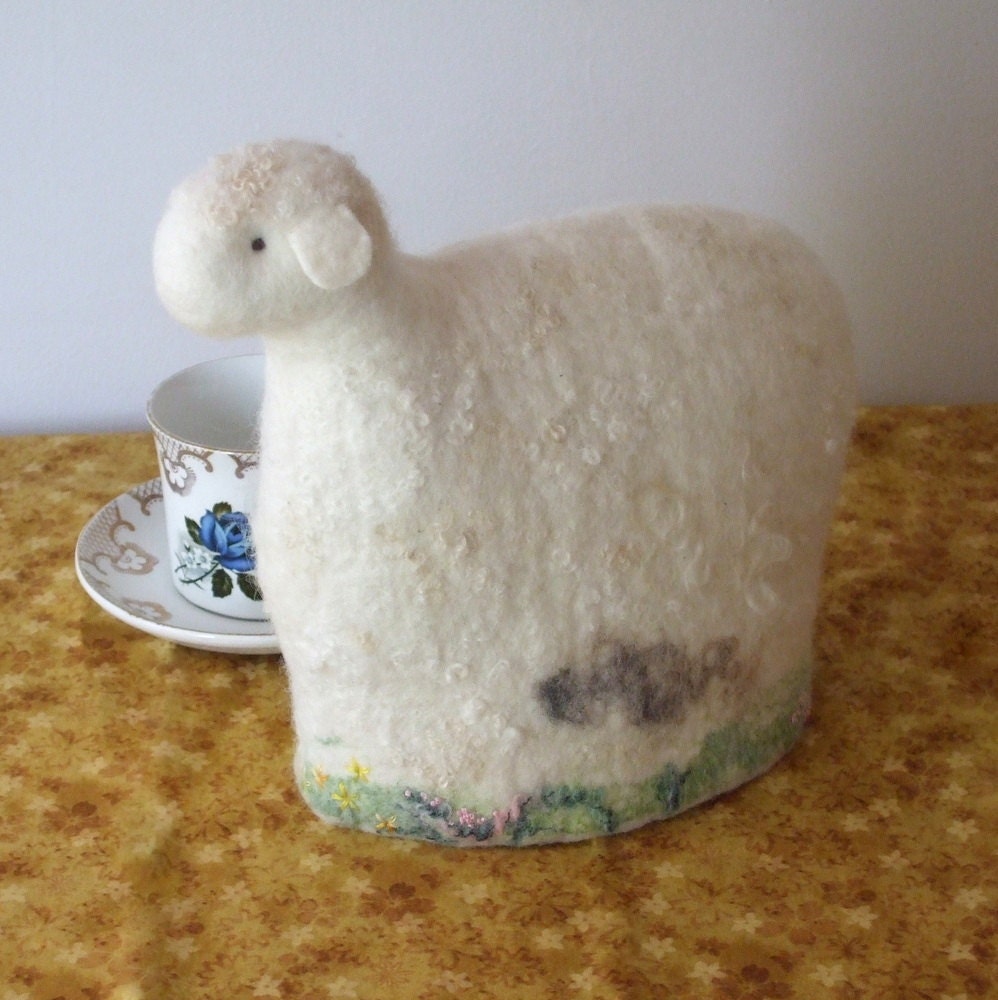 Felted Tea cozy lamb teapot cosy soft white hand embroidered flowers