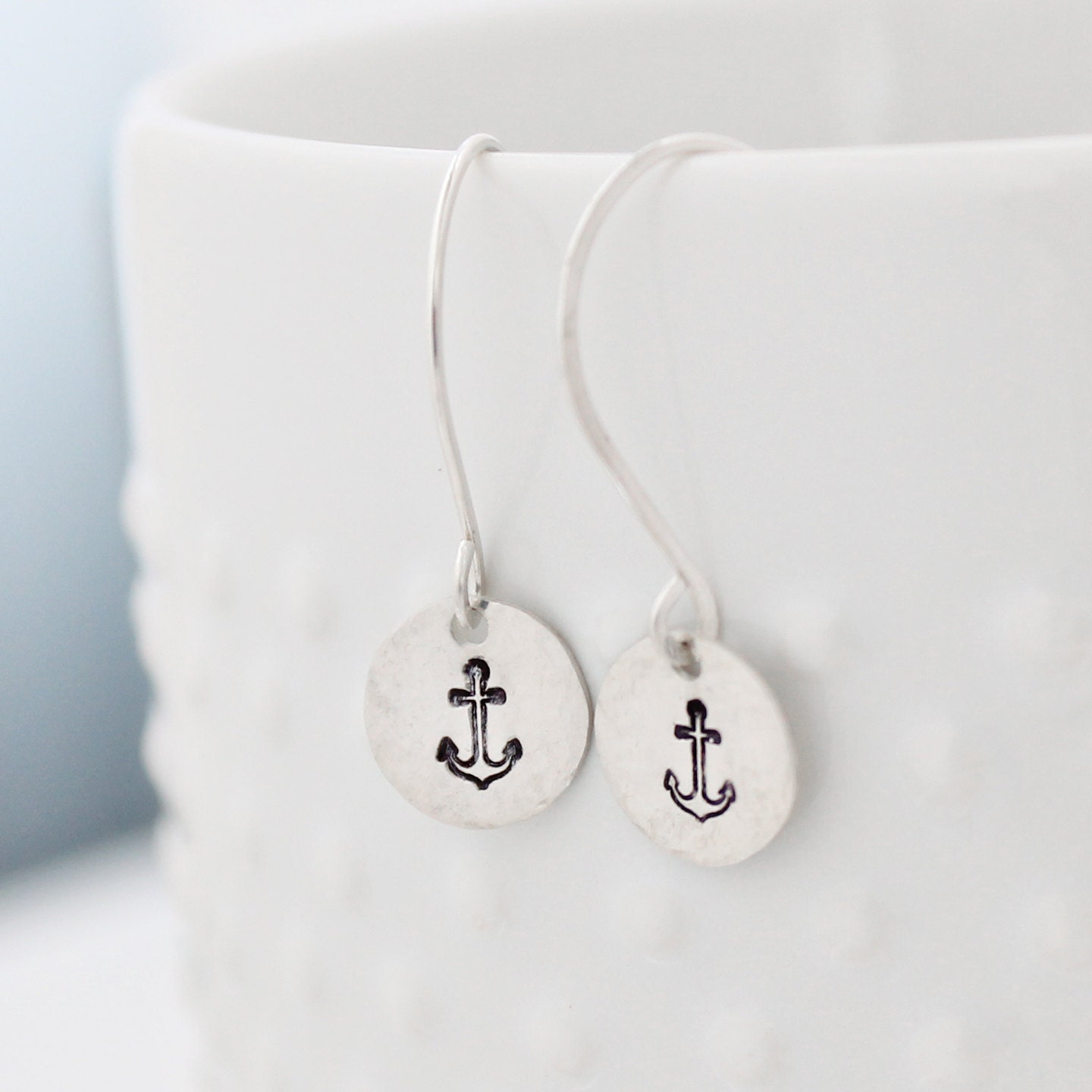 Tiny Silver Anchor Earrings - Hand Stamped Nautical Jewelry Sterling Hammered Disc Earrings