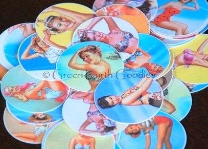 50 Eco Friendly Stickers: Pin-up stickers, pinups, pin up envelope seals, recycled stickers, retro pinups, 1.5" (3.8cm) blue, red, yellow