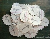 Eco-Friendly Stickers: Vintage Ledger Sheet Bonjour Stickers, Bonjour Envelope Seals, Hello stickers, 1.75" oval scallops - Set of 35