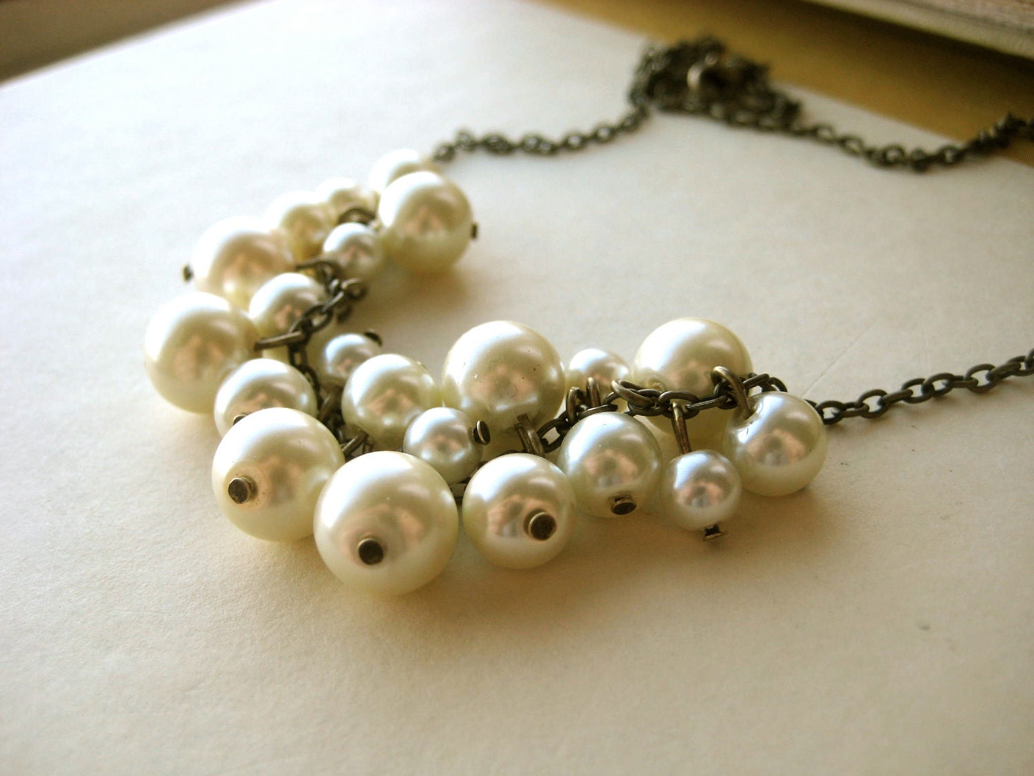 Pearl Cluster Necklace - bridal, wedding, bridesmaid gift, ivory, white, antique brass, non-traditional