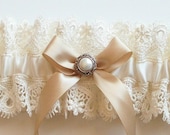 Wedding Garter with Vintage Inspired Pearl on Champagne Bow - The AMY Garter