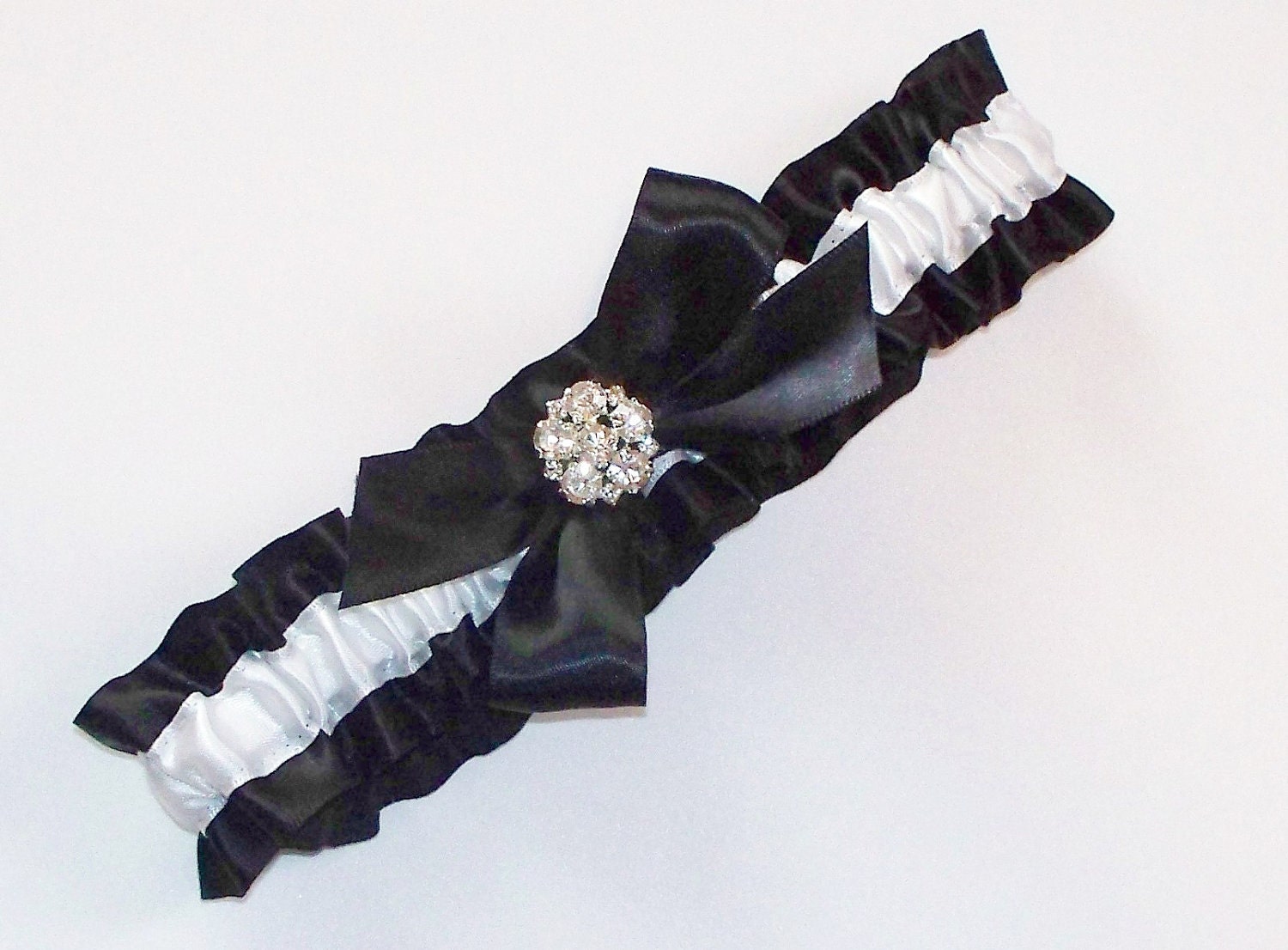 Black and White Wedding Garter with Bow and Rhinestone Centering, Incl. Matching Toss