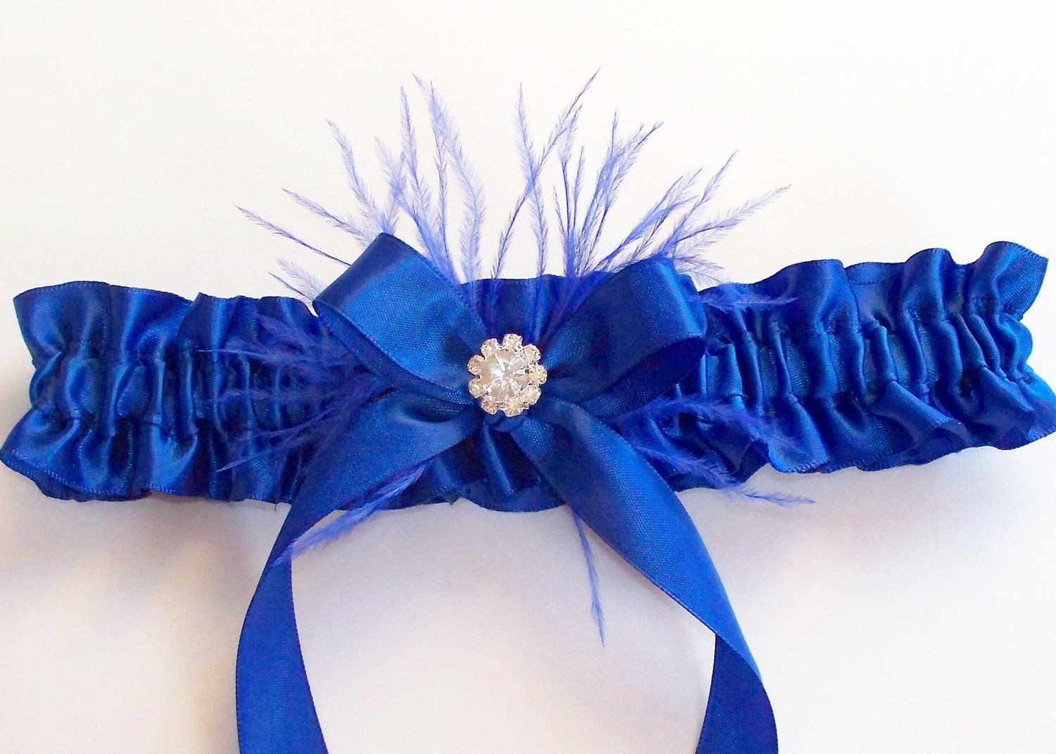 Royal Blue Garter with Feather and Swarovski Crystal Centering, with Satin Band Toss - The RENEE Garter
