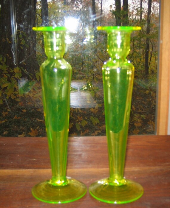 Vintage Vaseline Glass Pair Candlesticks by GildedAgeAffaires