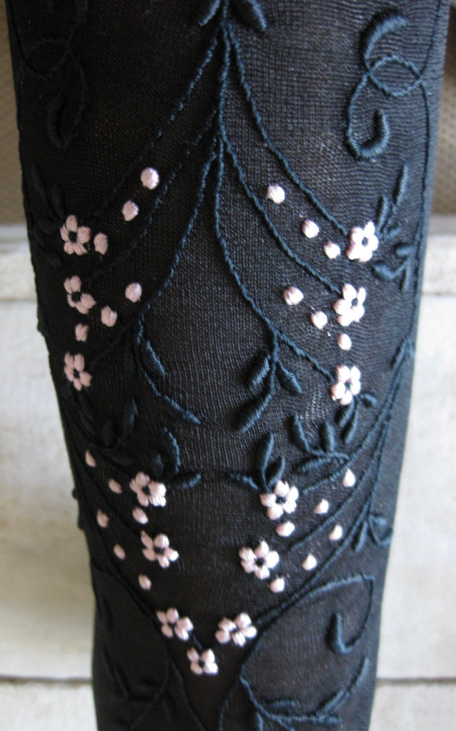 SALE Antique Edwardian Black Embroidered Silk Stockings NOS