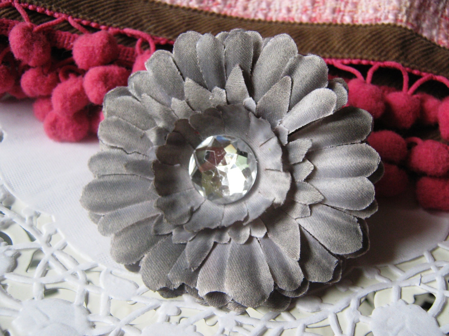 Gorgeous...Gray Silk Floral Ponytail Holder with Crystal Center...On ouchless black elastic...Ready to Ship
