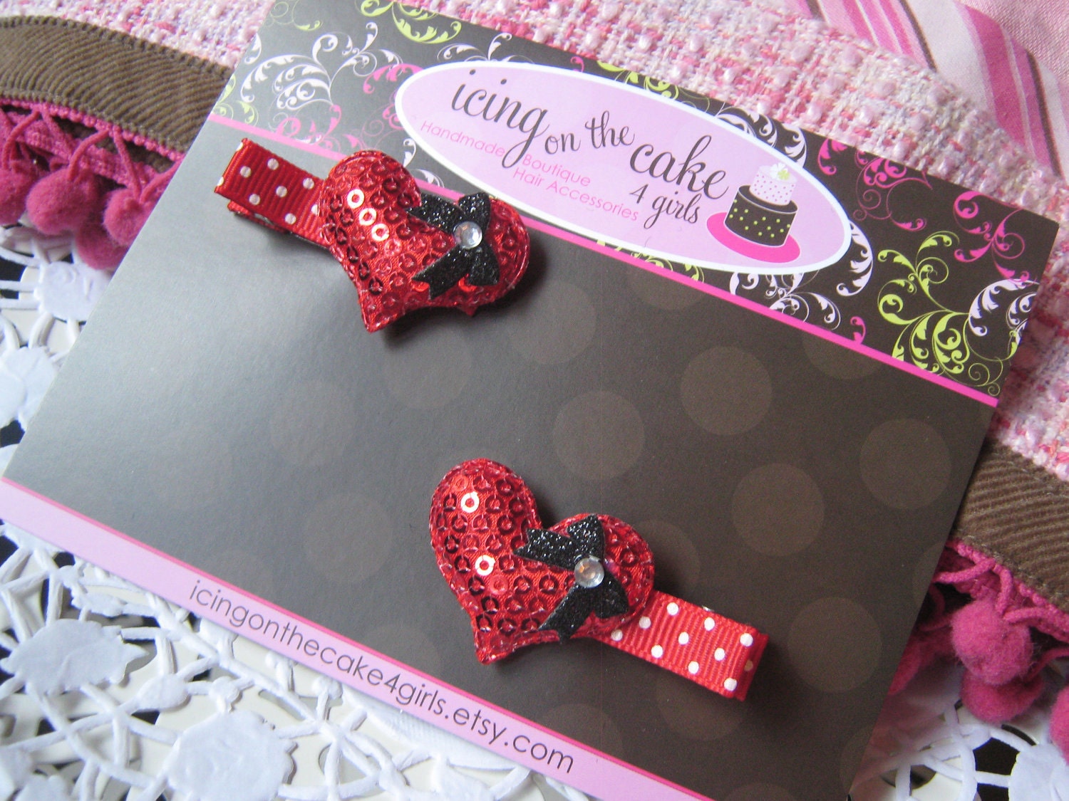 Just Reduced...Pigtails...Valentine's Day Red Sequined Hearts No Slip Clippie Set...As Always Ready to Ship
