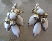 Milkglass and Aurora Borealis Juliana Style Clip on Earrings