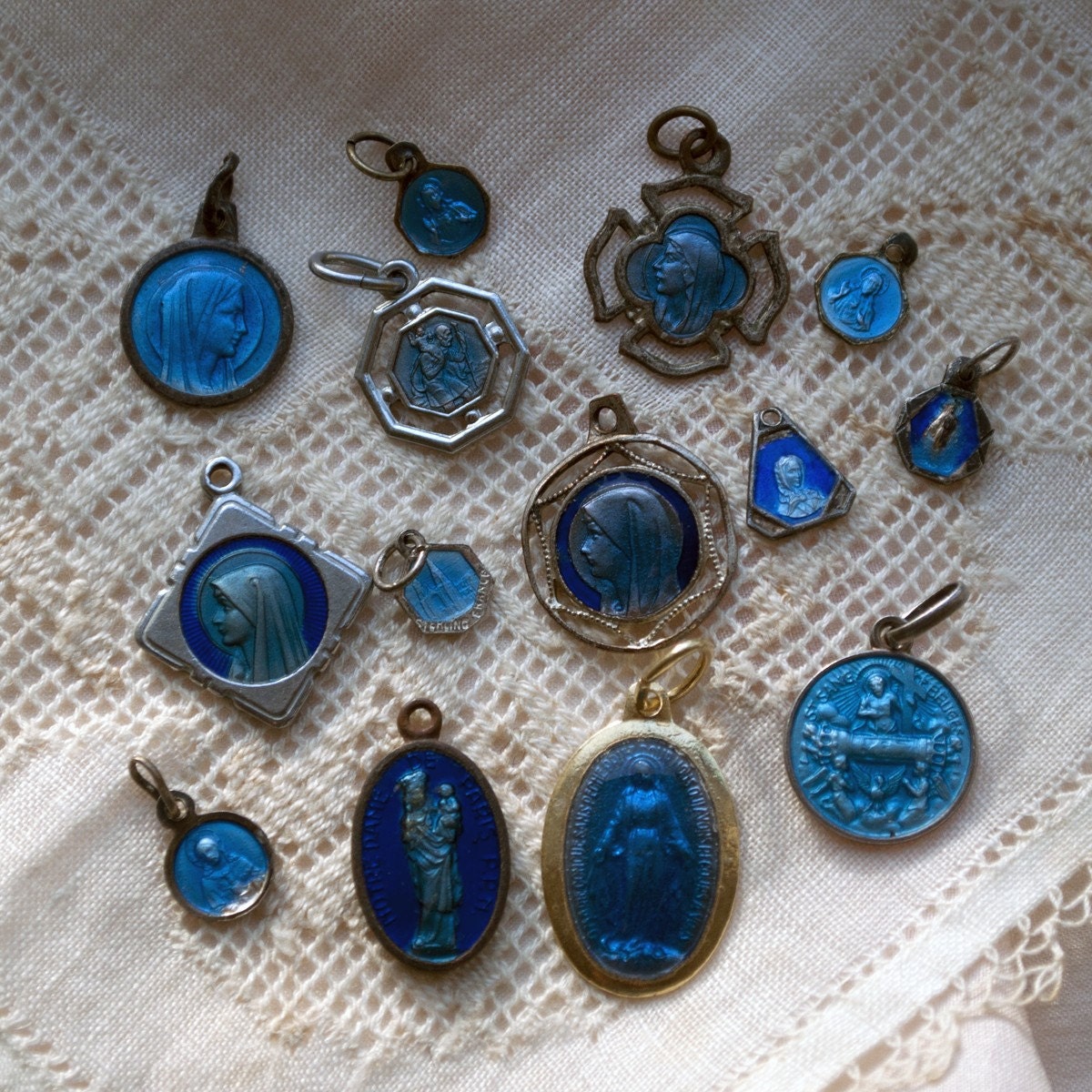 14 Antique Blue Enamel Religious Charms Mary by