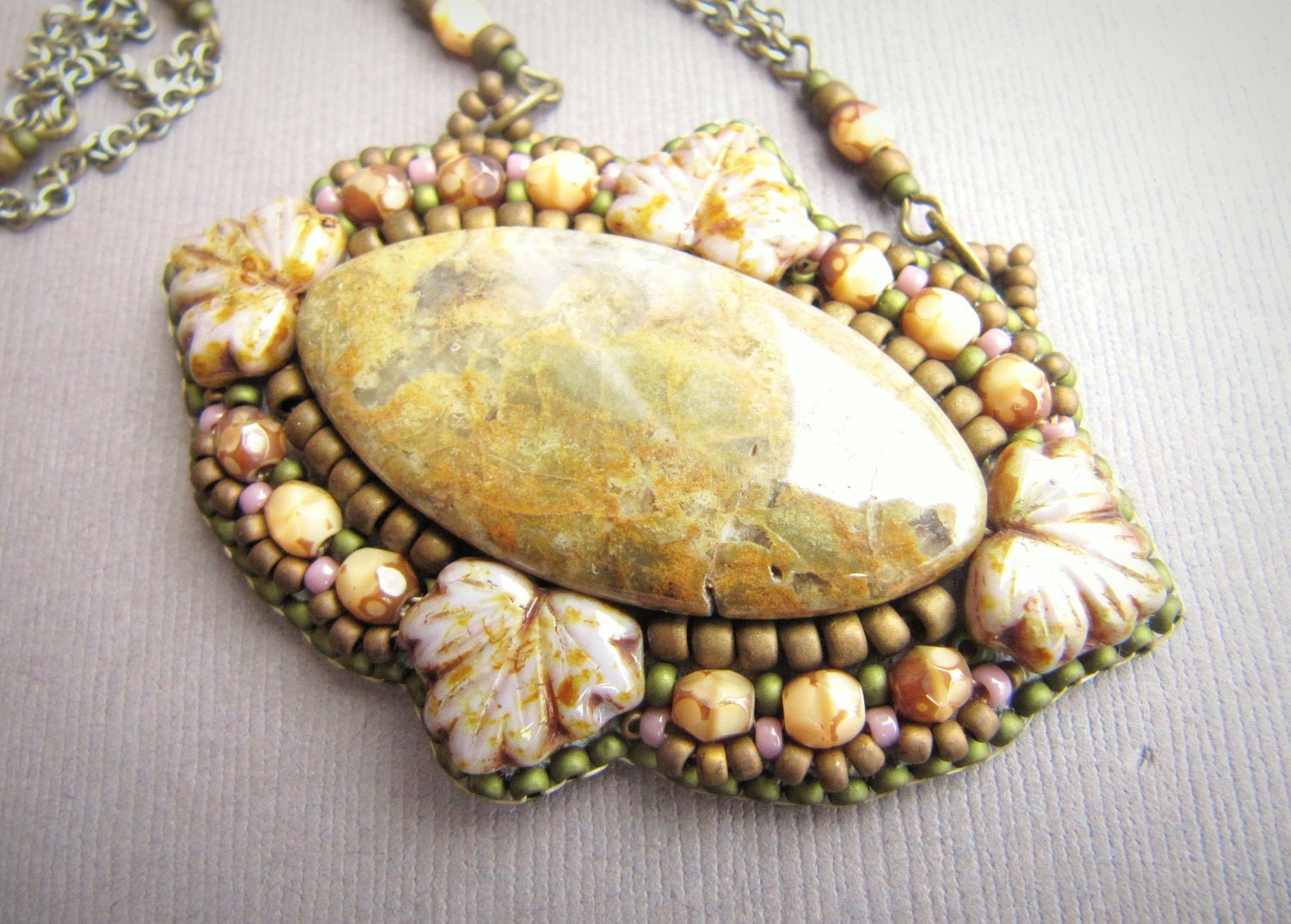 Victorian Frame Spring Lavender Pendant Bead Embroidery with Jasper, Seed Beads, and Brass Chain