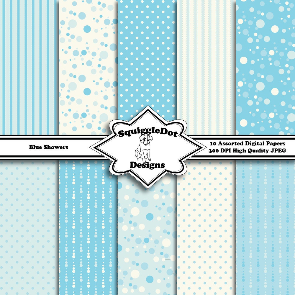 Digital Printable Paper for Cards, Crafts, Art and Scrapbooking Set of 10 - Blue Showers - Instant Download