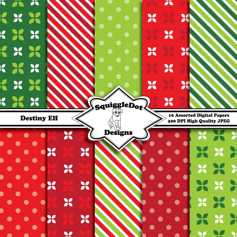 Digital Printable Christmas Paper Paper for Cards, Crafts, Art and Scrapbooking Set of 10 - Destiny Elf - Instant Download