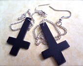 dark black upside down cross long dangle earrings inverted cross