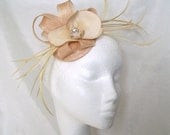 Pale Gold Cream Orchid Sinamay Loop Rhinestone & Feather Wedding Fascinator Mini Hat - Custom Made to Order