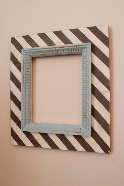8x10 Wood Distressed Picture Frame Diagonal Stripes Chocolate on Cream with Robin's Egg Etched Mounted Trim