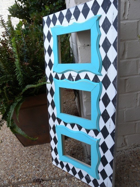 Custom Multi Opening 5x7 Picture Frame Wood Distressed Harlequin with Turquoise Wavy Trim ANY COLORS