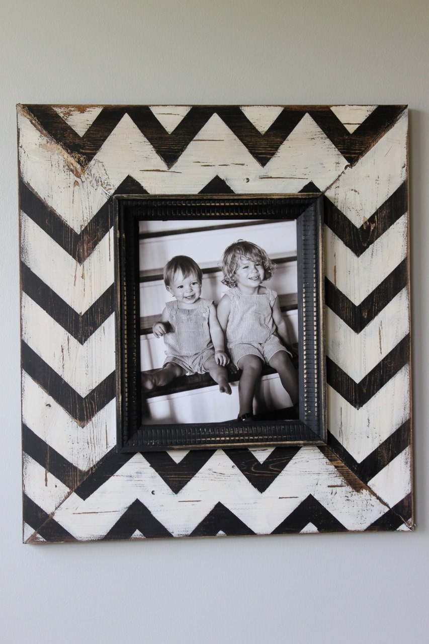 Mod Chevron Distressed Wood Picture Frame Black and White